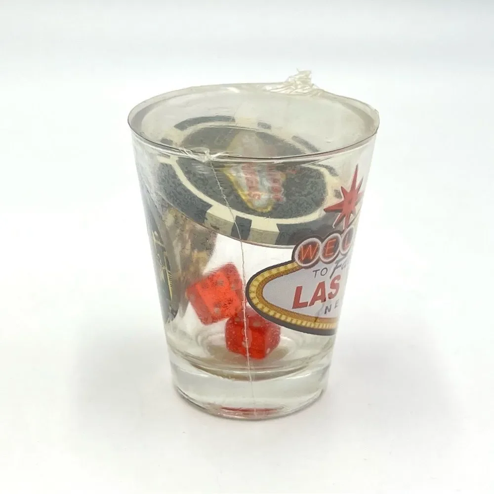 Las Vegas Shot Glass Welcome & Come Back Soon Souvenir‎ Poker Chip & Red Dice